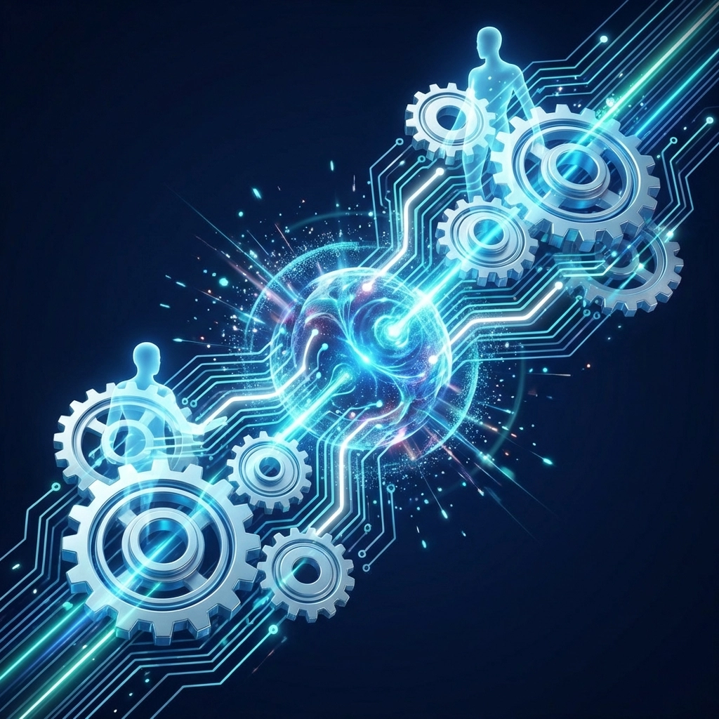 Leuchtende digitale Zahnräder und Schaltkreise veranschaulichen die nahtlose Integration von KI in Unternehmensprozesse für Führungskräfte.