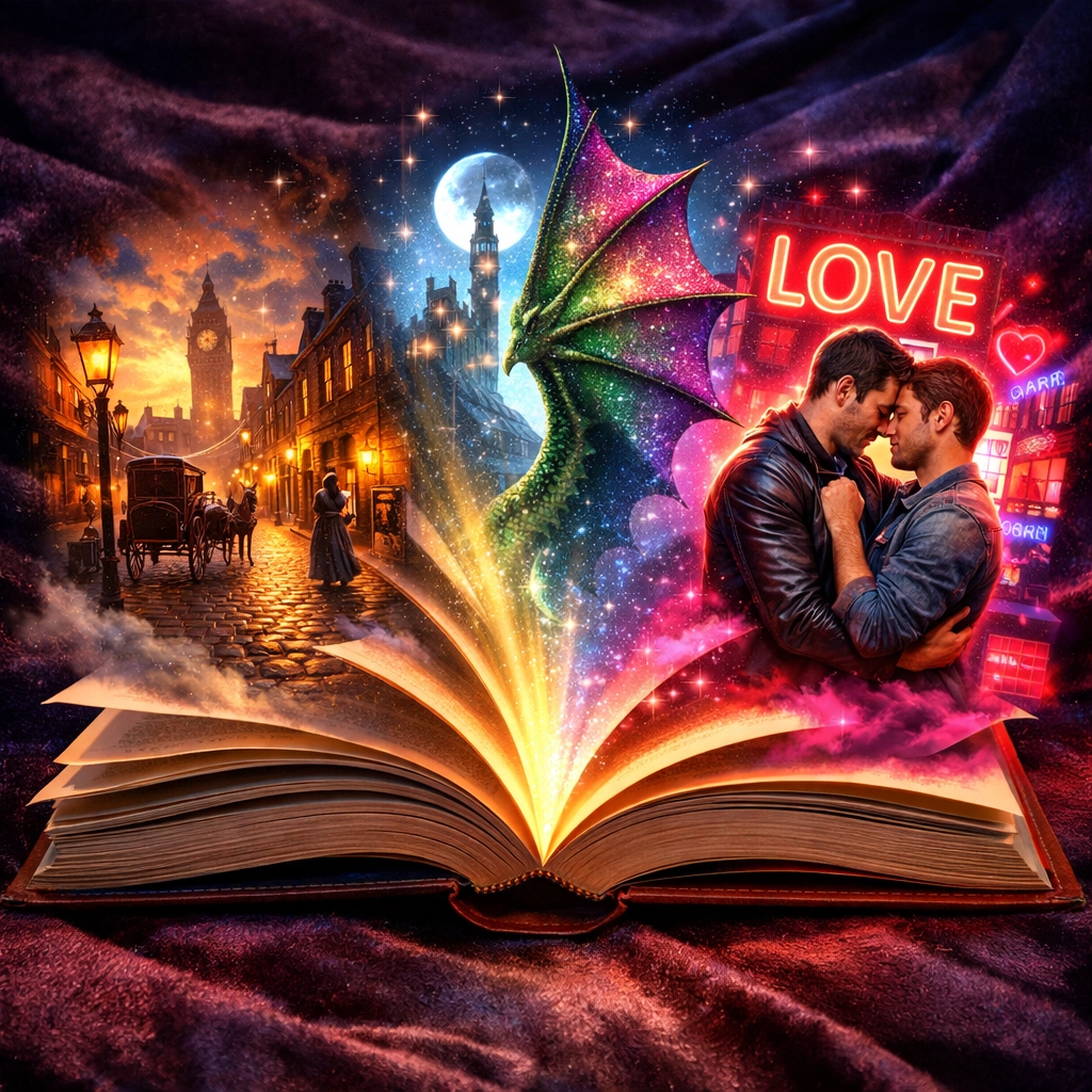An open book with silhouettes representing MM romance and gay fantasy genres.