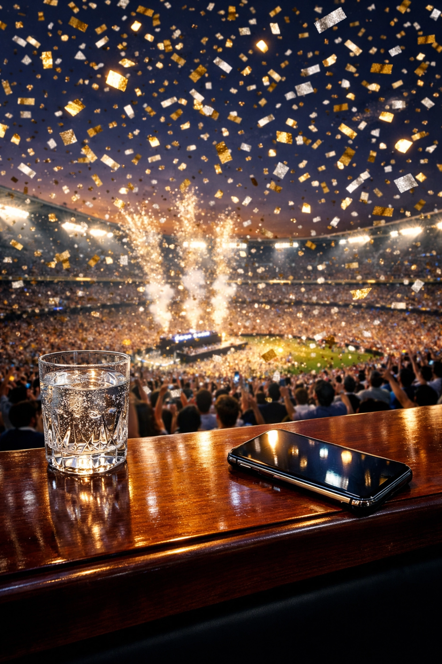 VIP balcony view of a stadium celebration highlighting Super Bowl sports marketing success.