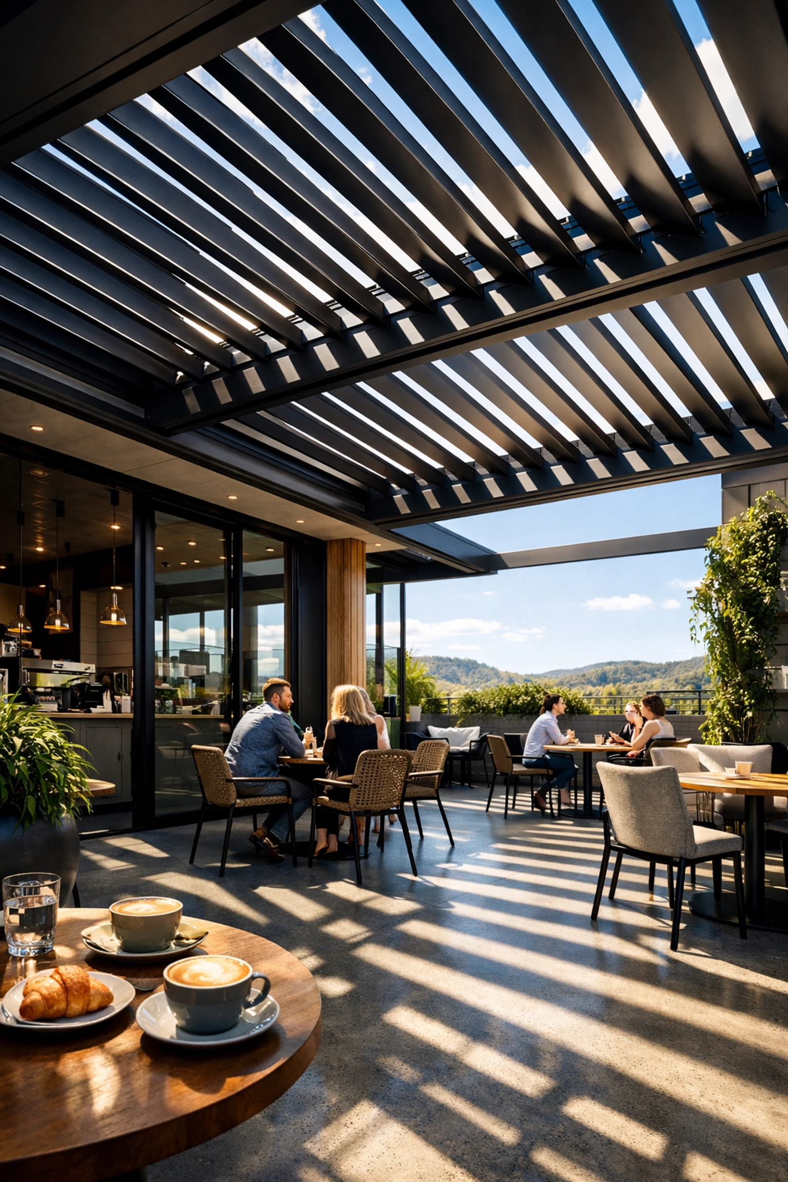 Motorized louvre system tilted at 45 degrees to control sunlight and ventilation in a modern cafe courtyard.