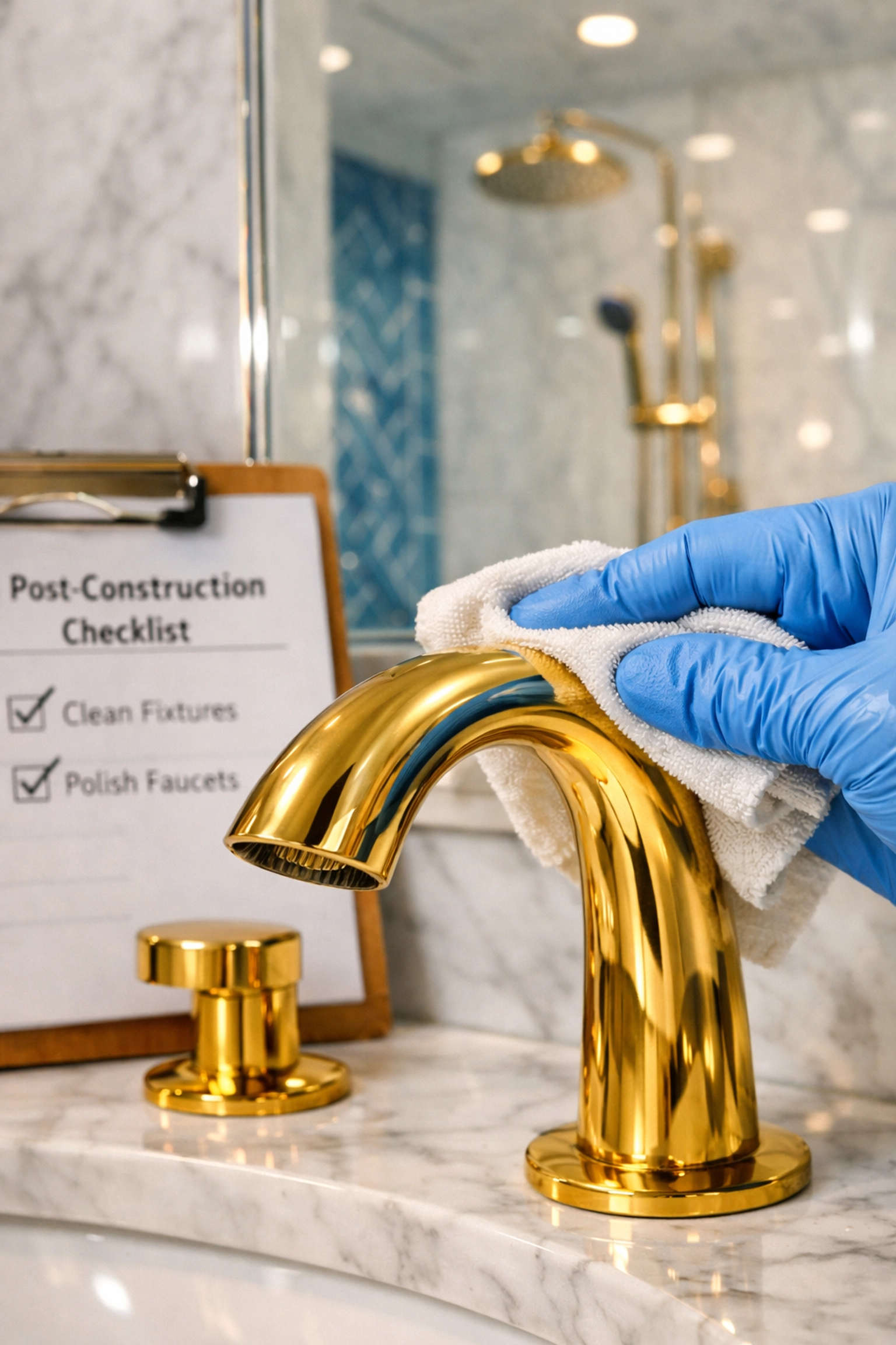 Professional post-construction cleaning of a designer bathroom faucet in a Wellesley home.