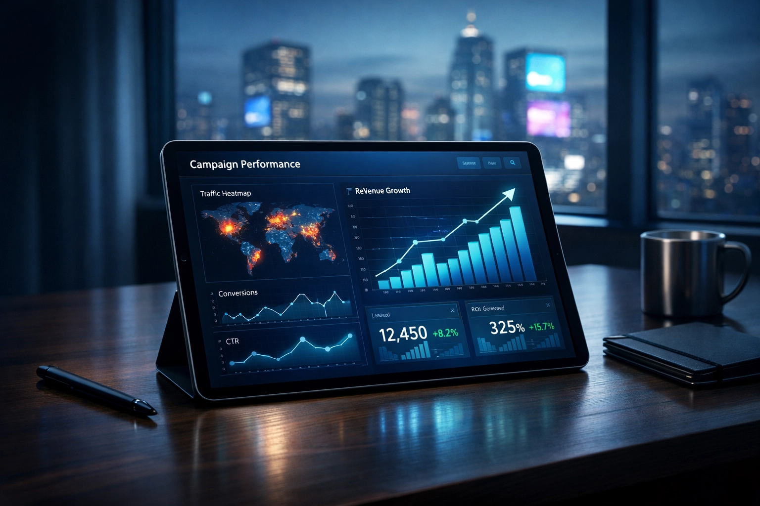 A digital tablet displaying a campaign analytics dashboard for tracking DOOH marketing performance.