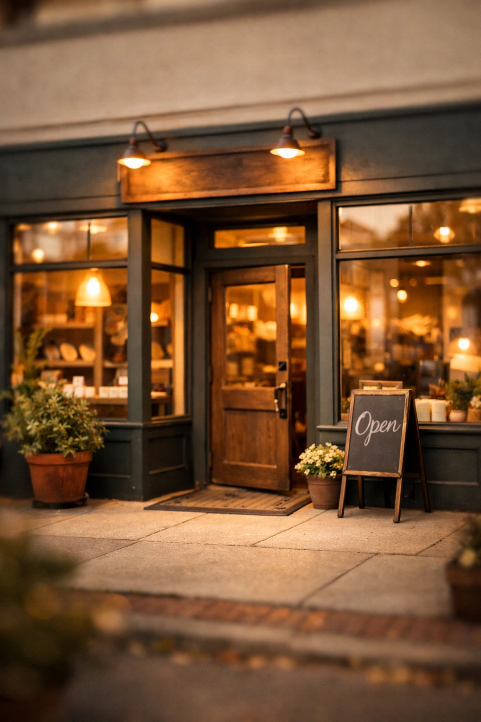 Local business storefront exterior with welcoming entrance and large windows
