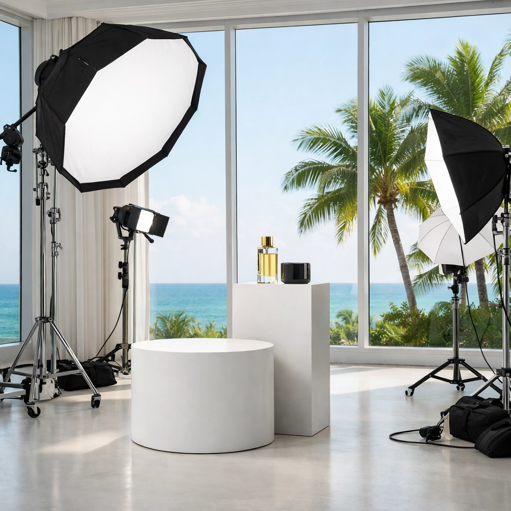 Professional commercial photography studio in Miami with high-end lighting for product and headshot sessions.