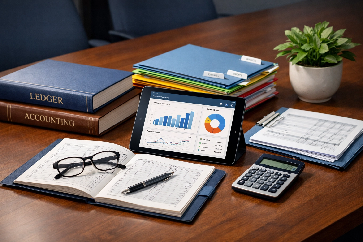 Organized financial documents and ledgers demonstrating audit-ready bookkeeping practices