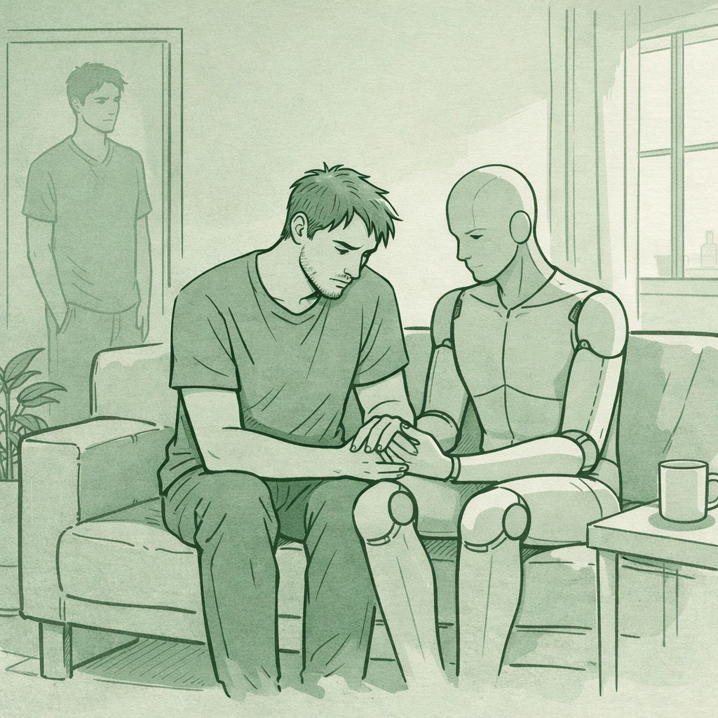 Gay man with synthetic companion reflecting on past relationship and emotional isolation