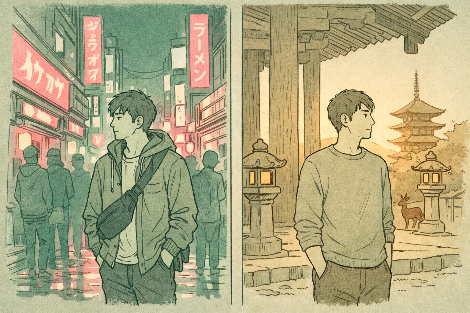 Gay men in Tokyo's neon district versus traditional Nara temple setting showing cultural contrast