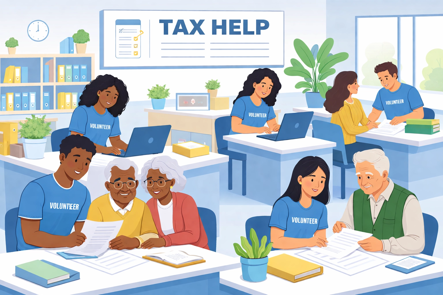 Volunteers assist New Haven residents with free tax preparation services at a local VITA center in 2026.