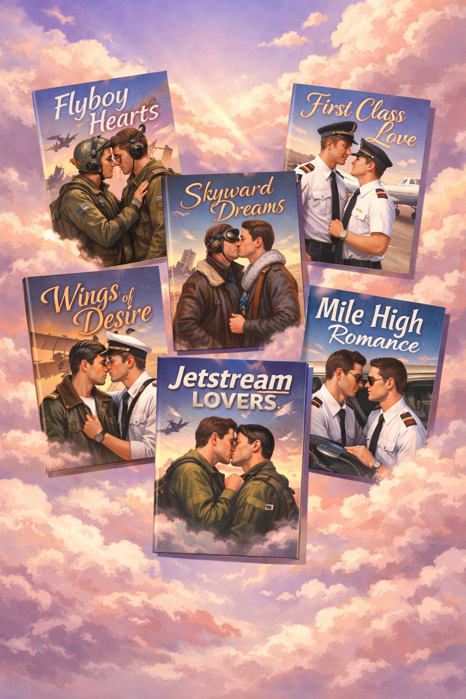 Collection of MM romance book covers featuring pilot love stories in various aviation settings