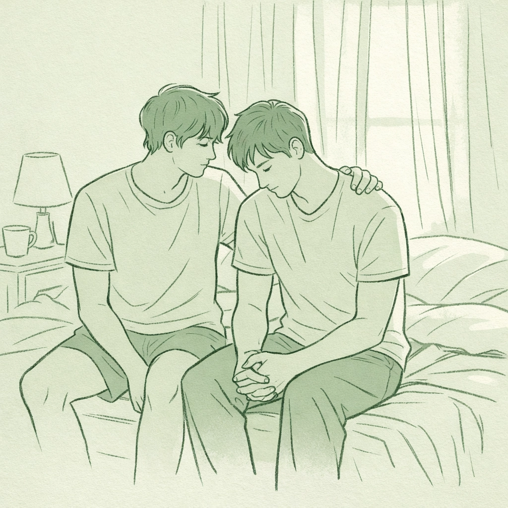 Two men in intimate morning moment showing vulnerability after first-time gay romance breakthrough