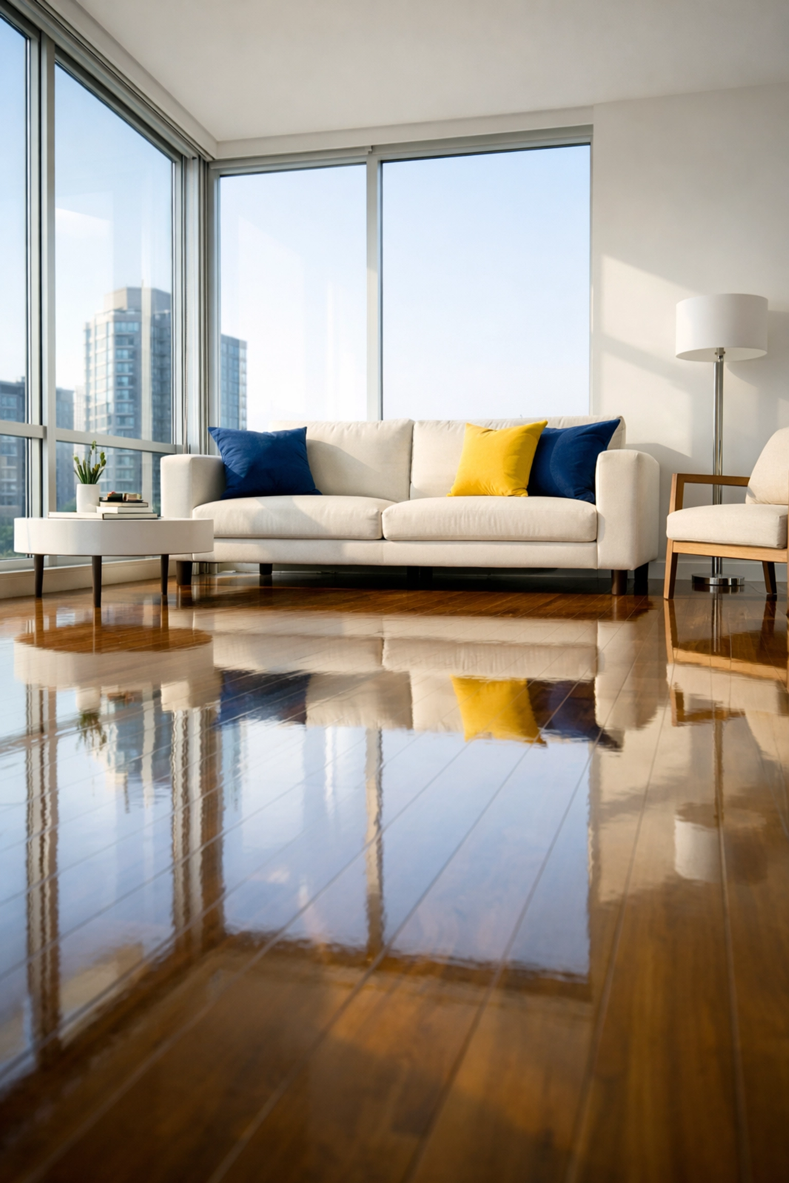 A pristine living room featuring polished floors after professional Apartment Cleaning Boston for a seamless move.