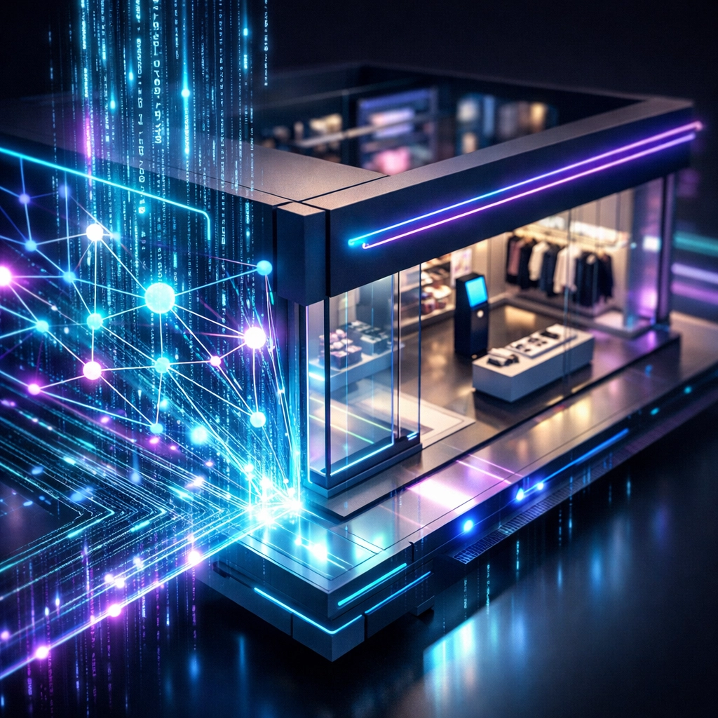 Futuristic metaverse storefront with integrated AI SDK representing a smart digital shopping experience in Web3.