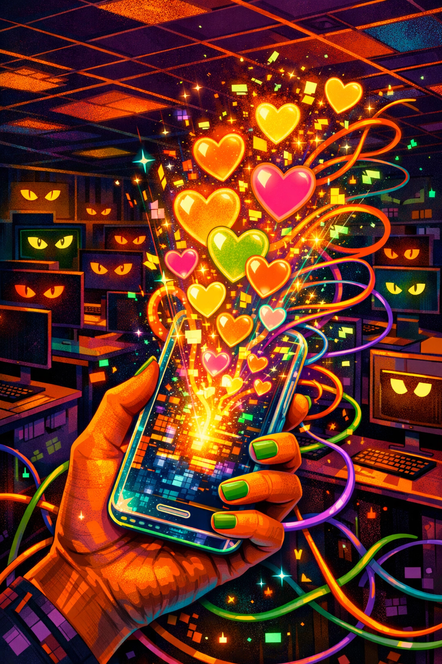 A glowing smartphone with hearts and prying eyes representing the risk of office gossip and secrets.