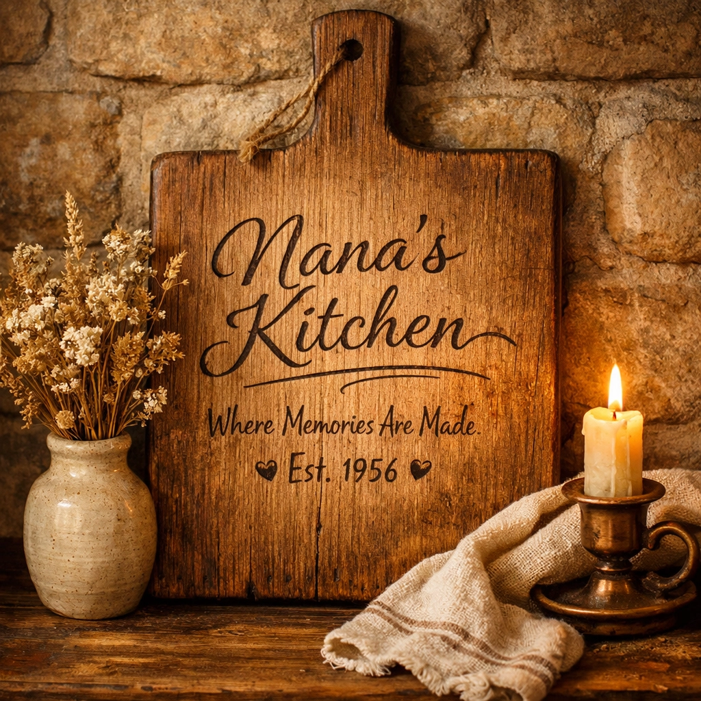 Personalized engraved wooden cutting board in a rustic kitchen setting, ideal for heirloom gifts.