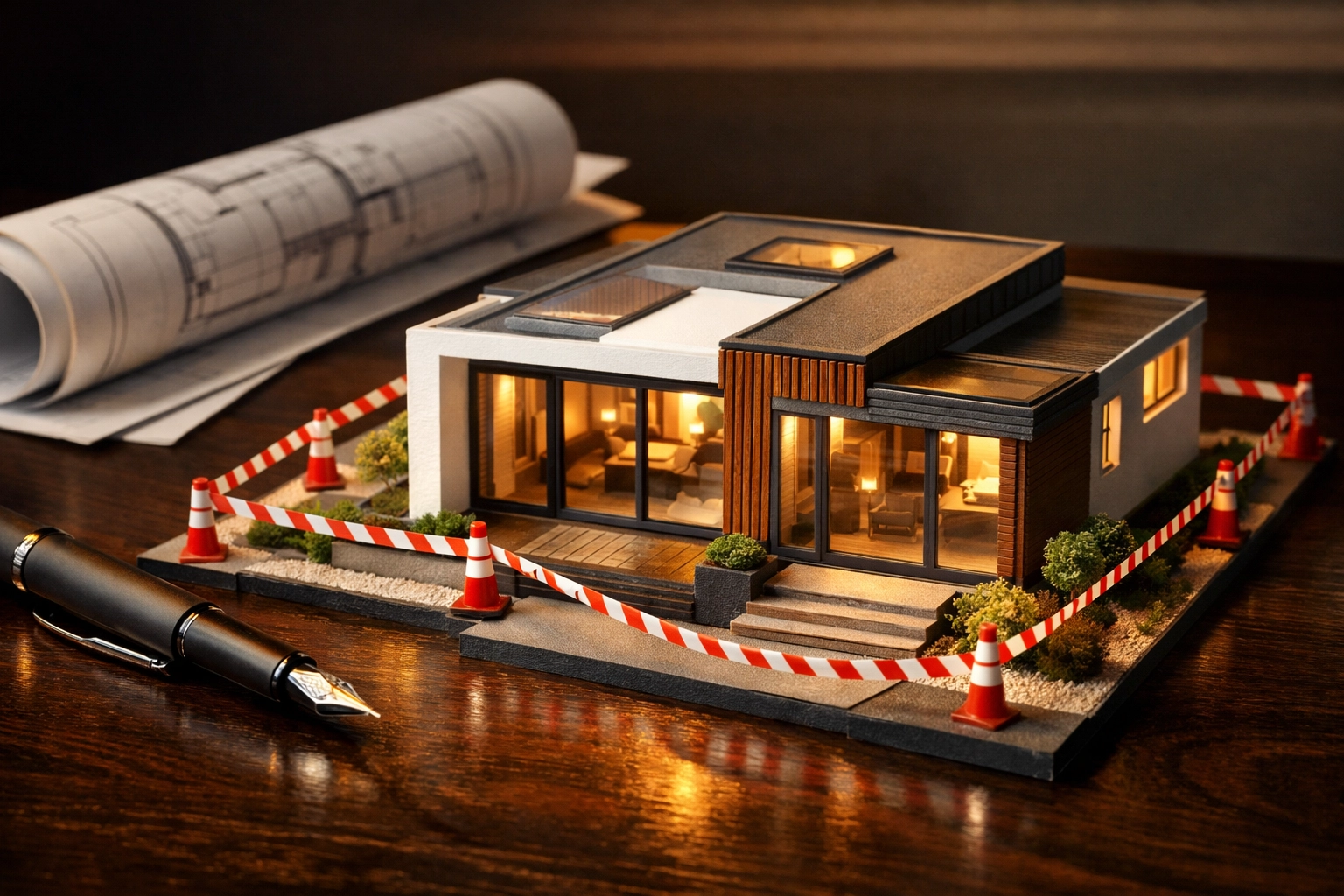 Architectural scale model and blueprints for a modern house extension and loft conversion project.