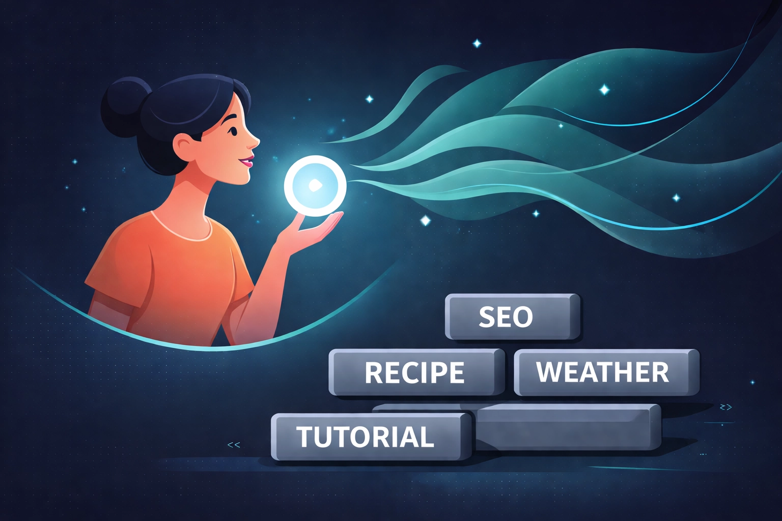 Illustration of a person conversing with an AI assistant, highlighting the difference between natural language prompts and rigid keyword SEO strategies.