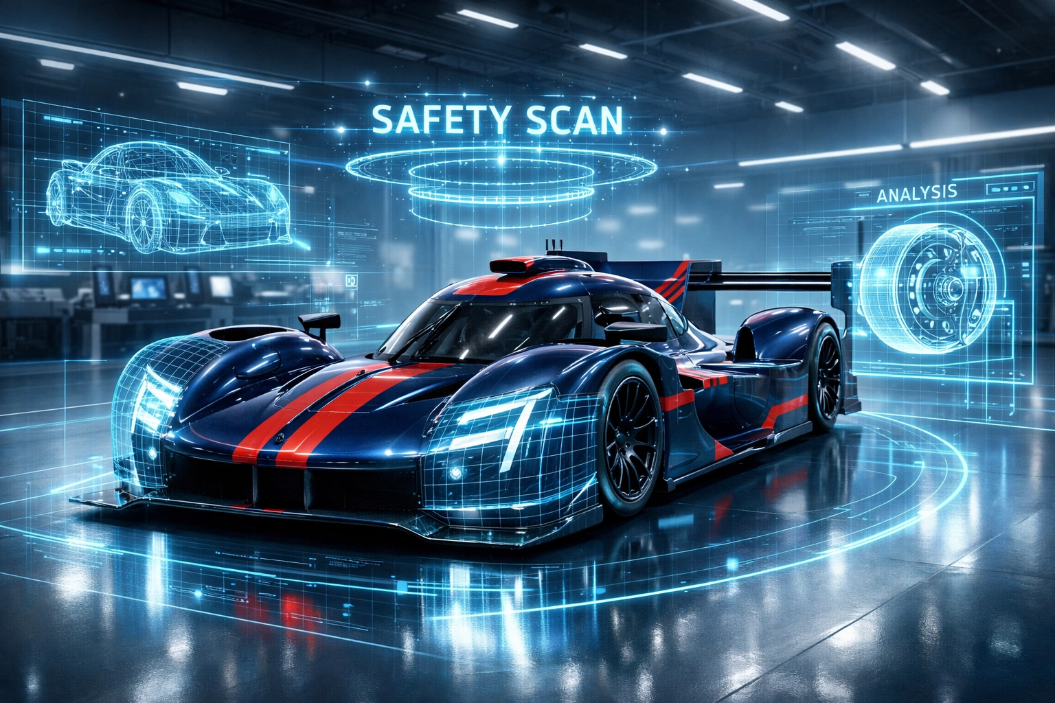 Futuristic race car with security scan overlays representing cybersecurity compliance and risk management.