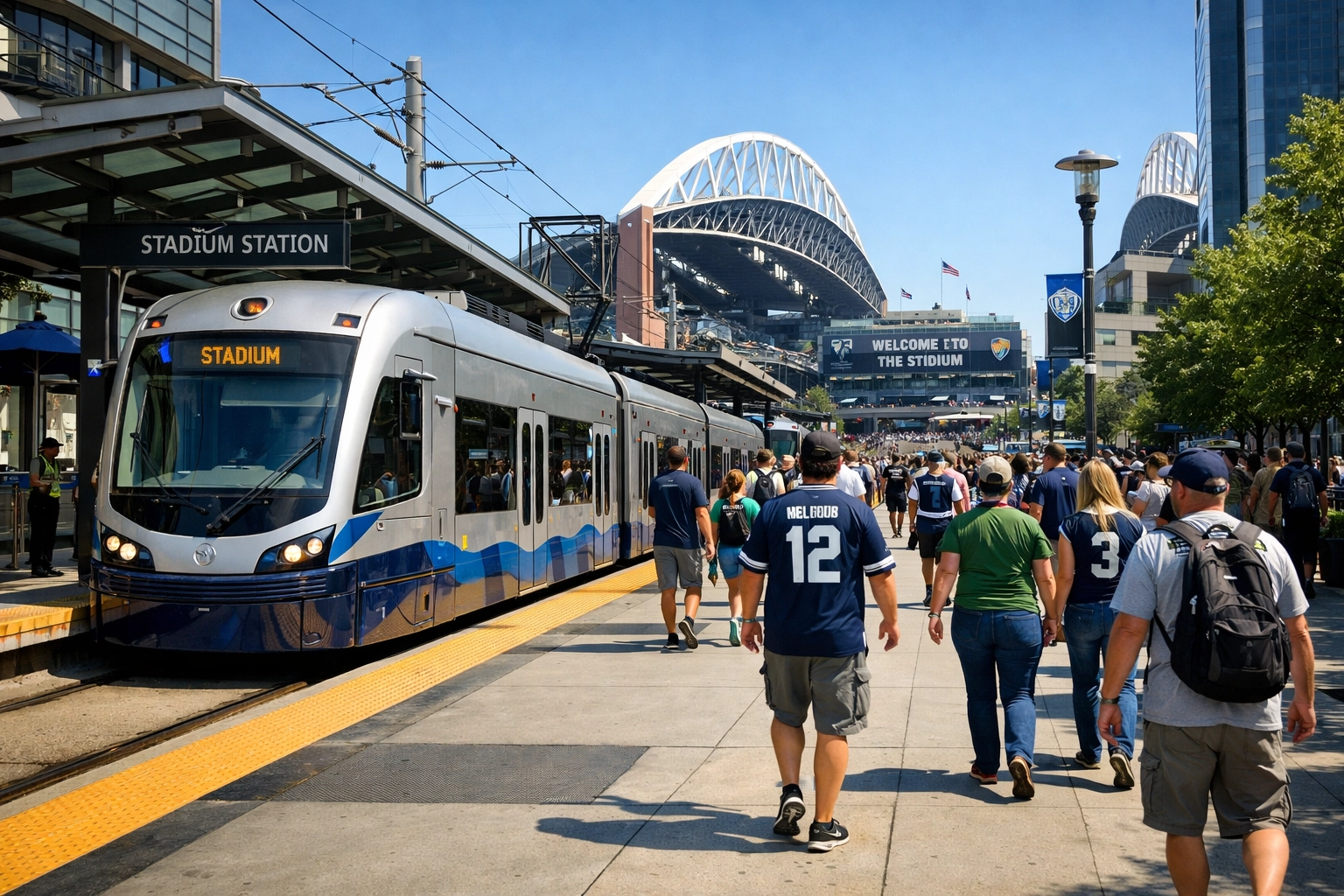 Crowds at a light rail station transit hub near the sports venue, showing prime fan foot traffic for ads.