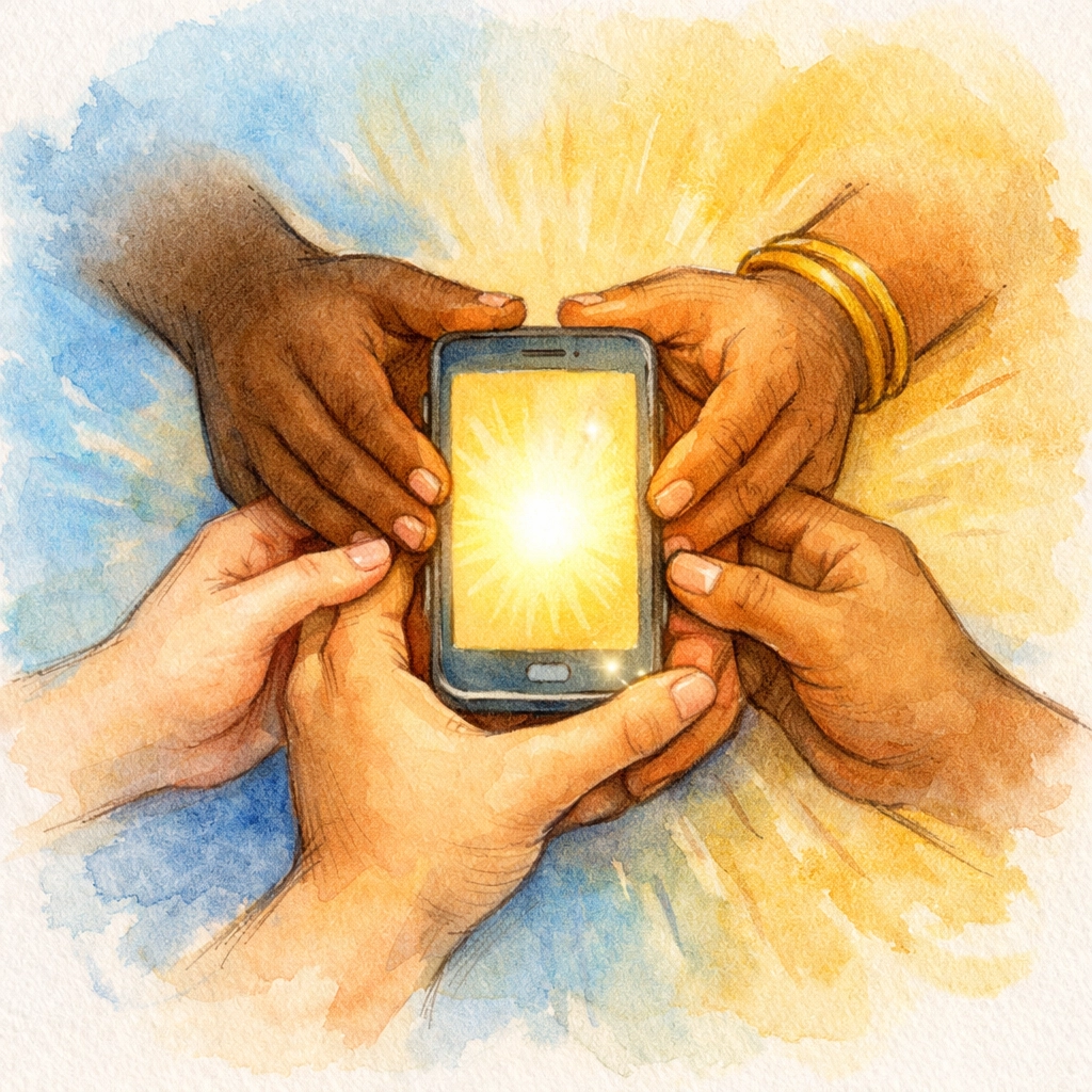 Diverse hands holding smartphone together symbolizing church community unity and digital care packages