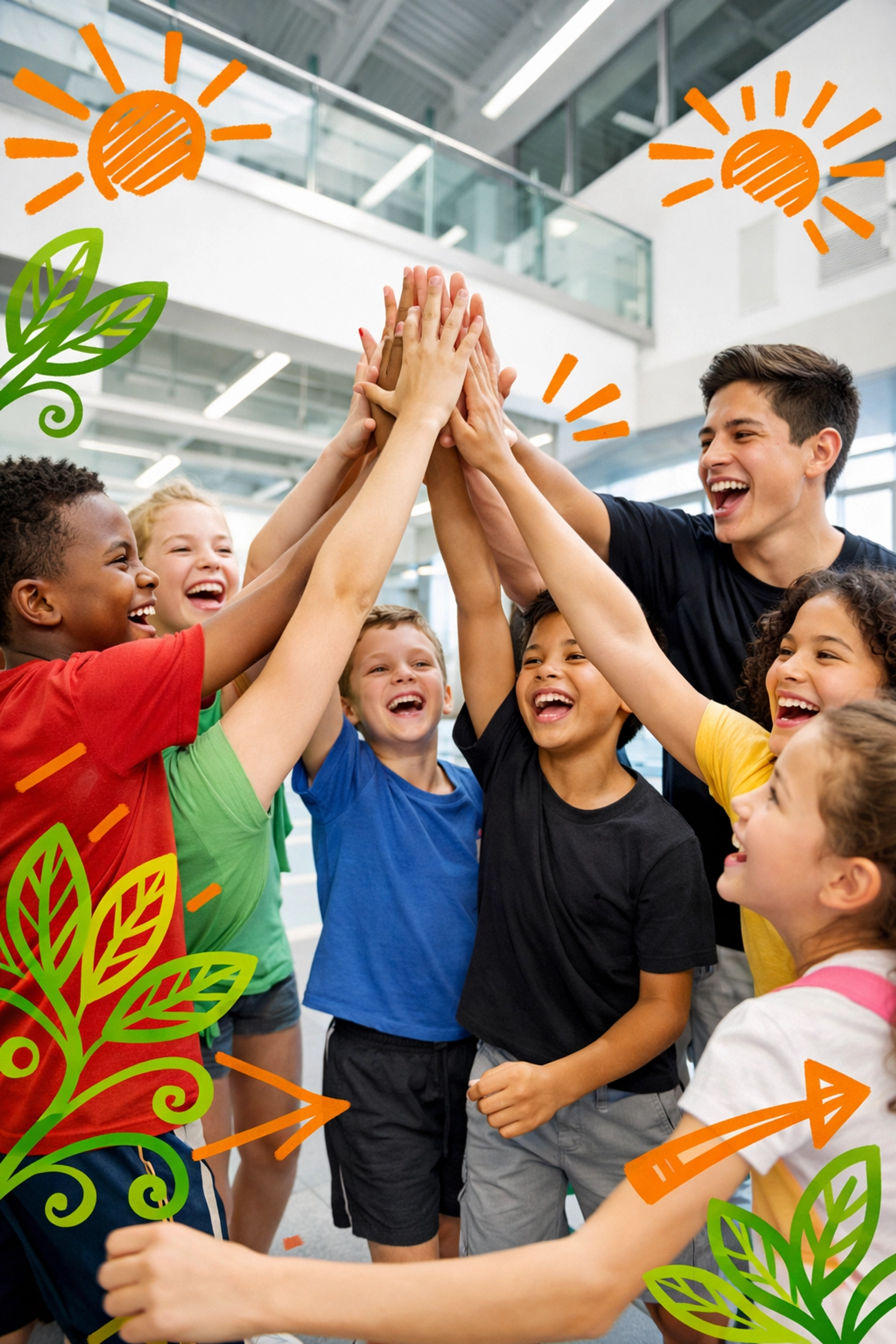 Children and teens high-fiving to celebrate success and teamwork at the Easter Life Skills Bootcamp.