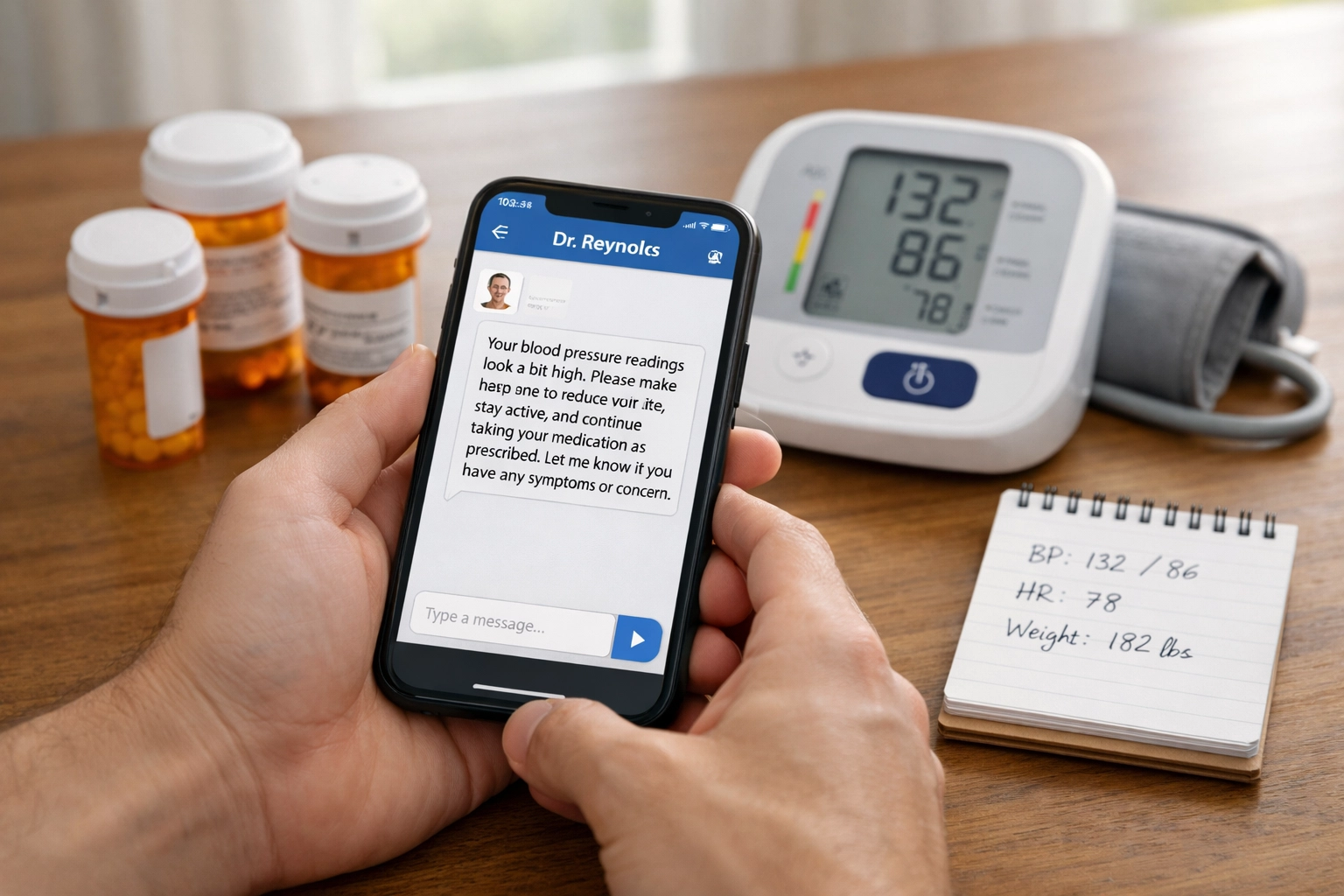Patient texting with online doctor for prescription refills with blood pressure monitor and medications