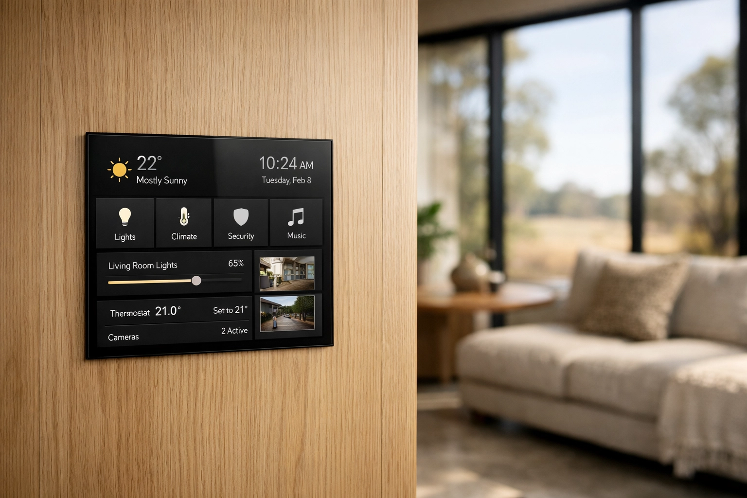 Integrated smart home technology within a modern sustainable modular home featuring eco-friendly design.