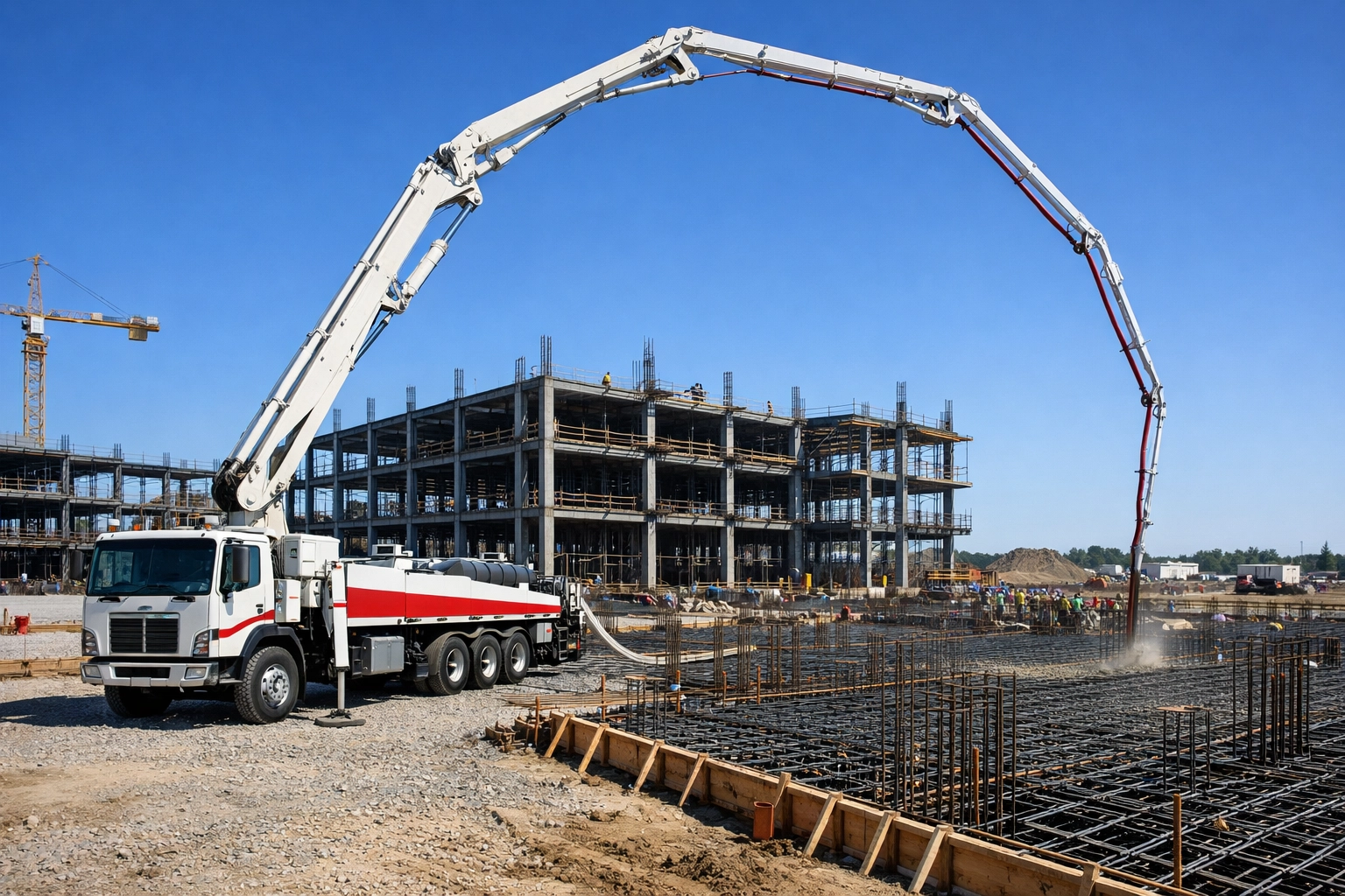 Large-scale commercial project using a massive pump truck to reach over steel rebar for a building foundation.