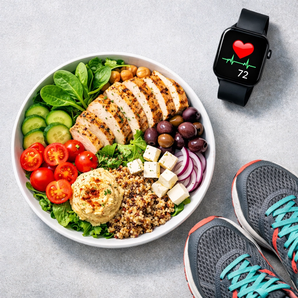 A healthy meal and fitness gear illustrating the lifestyle changes paired with medical weight loss treatments.