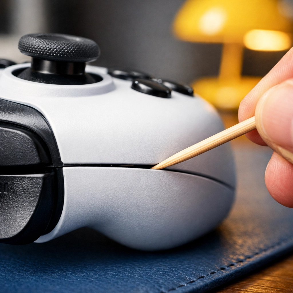 Using a wooden toothpick to gently remove dirt and debris from the seams of a game controller.