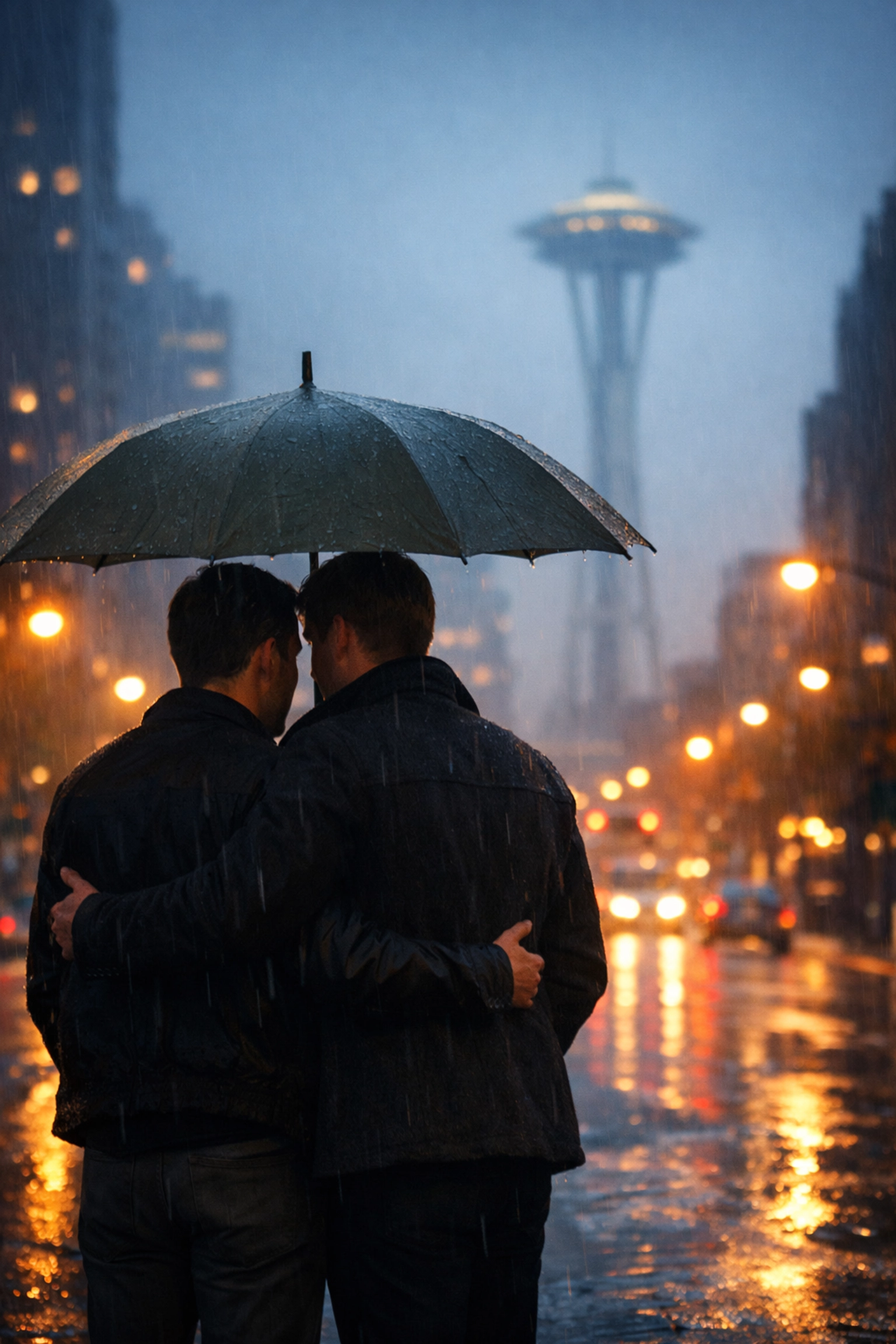 Gay couple sharing umbrella on rainy Seattle street with Space Needle in background