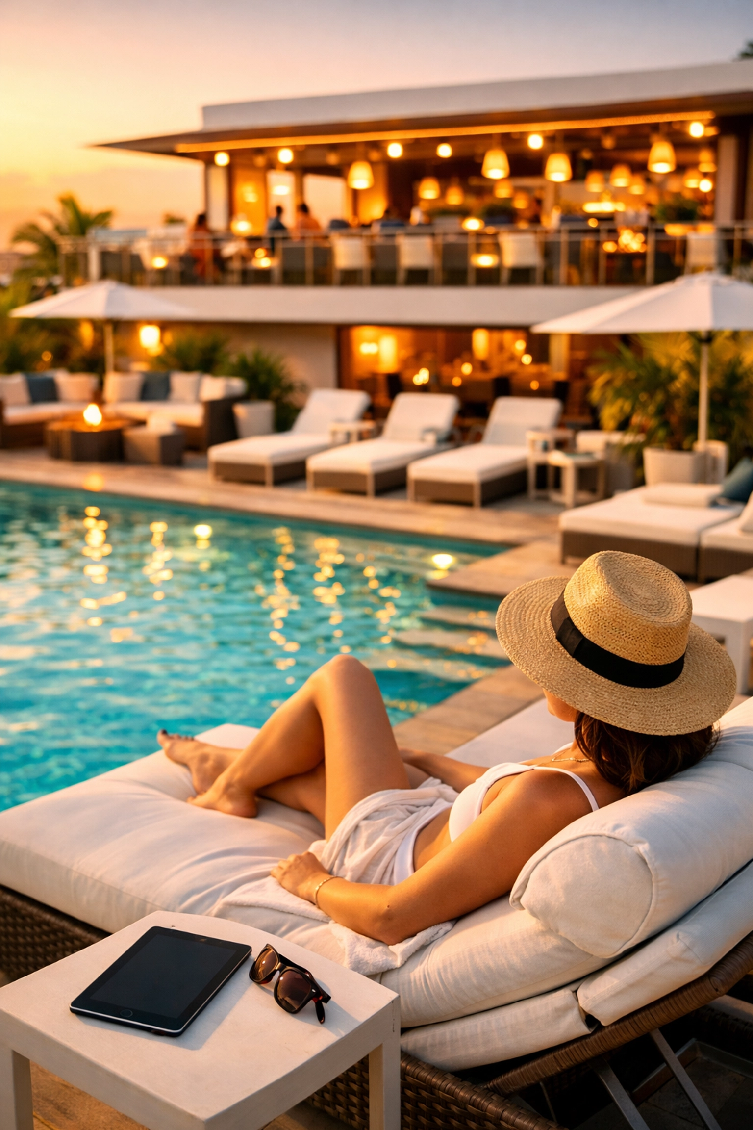 Luxury hotel pool deck with guest relaxing near rooftop bar showing proximity-based voice AI upselling