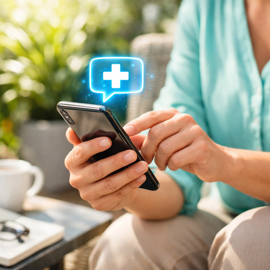 Patient using a secure chat interface on a mobile phone to connect with a 24/7 online doctor.