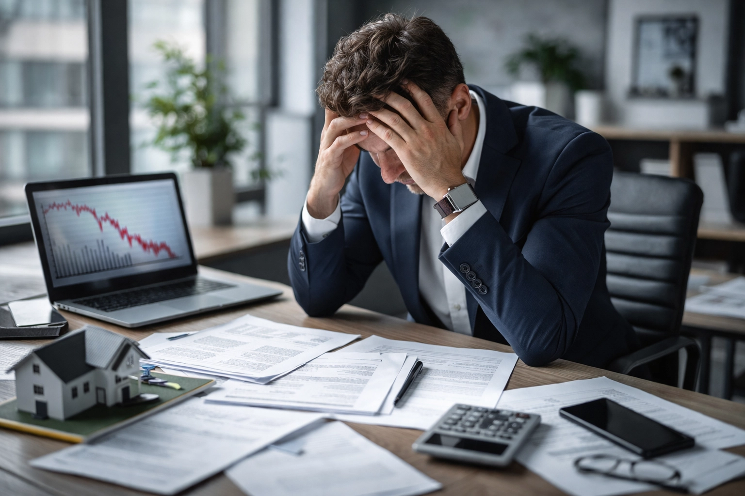 Stressed real estate agent reviewing numbers as rates impact deal terms—cash flow problem solving for fix-and-flip and buy-and-hold investors using a real estate deal finder