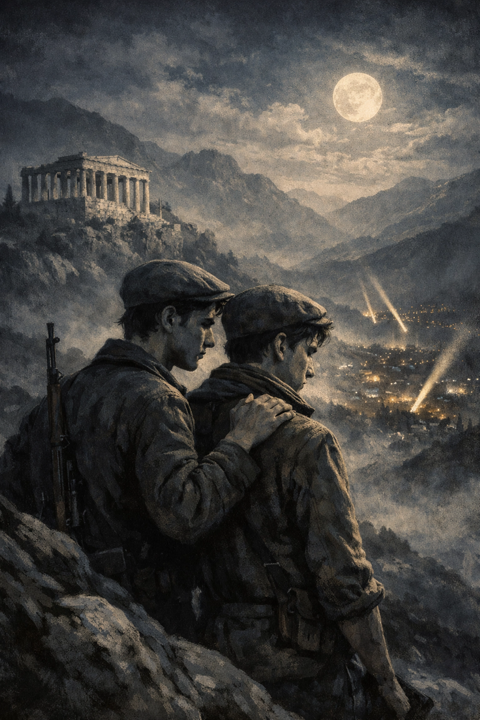 Gay resistance fighters overlooking occupied Greece with ancient ruins in moonlight