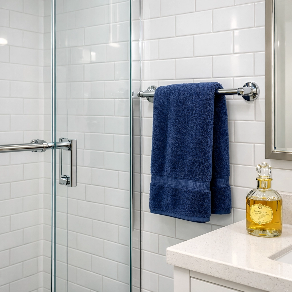 Spotless master bathroom in Westford featuring deep cleaning of tiles and glass for a hygienic home.