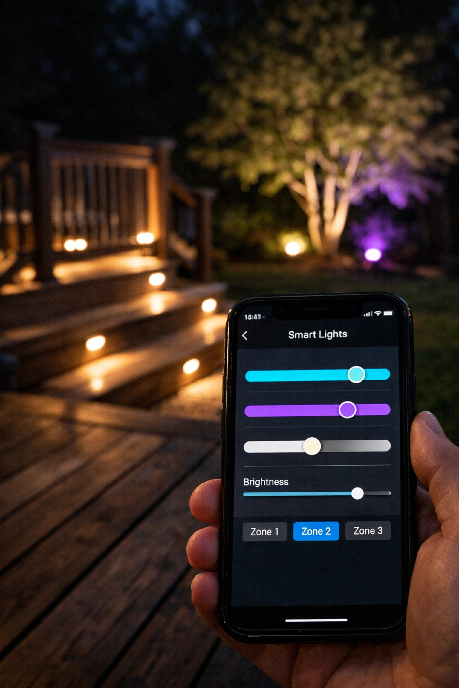 14 Days of Outdoor Excellence: How Veteran-Owned Evening Glow Transforms Lexington Landscapes After Dark Mobile app controlling permanent outdoor lighting on backyard deck at night