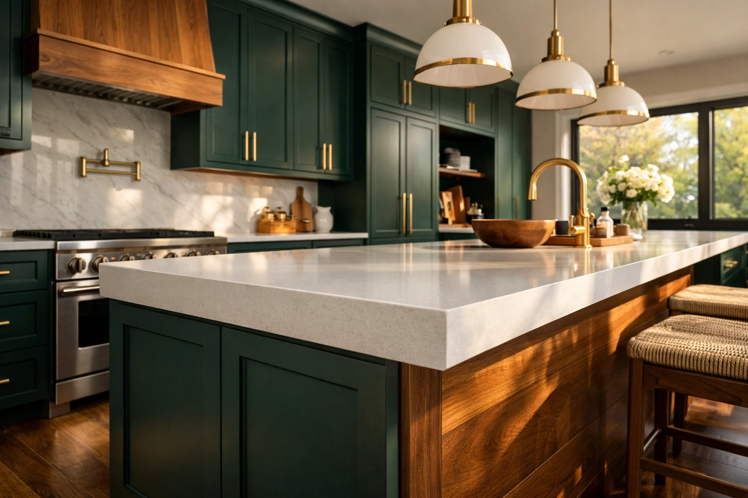 Forest green custom cabinetry with brass hardware and a white quartz island in a modern kitchen remodel.
