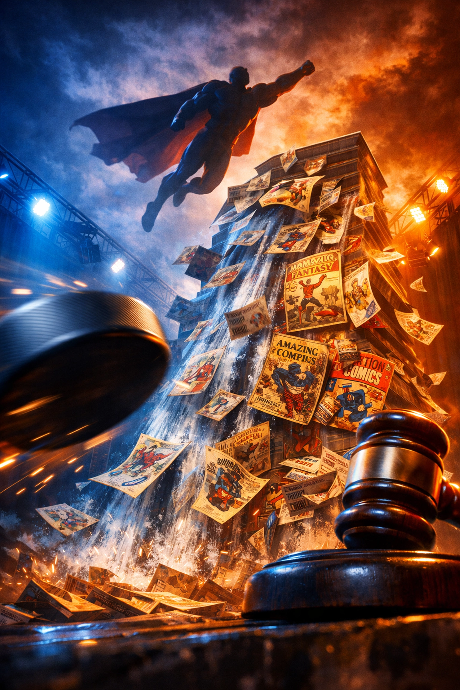 Collage of sports and Marvel memorabilia including a hockey puck and vintage comic book pages.