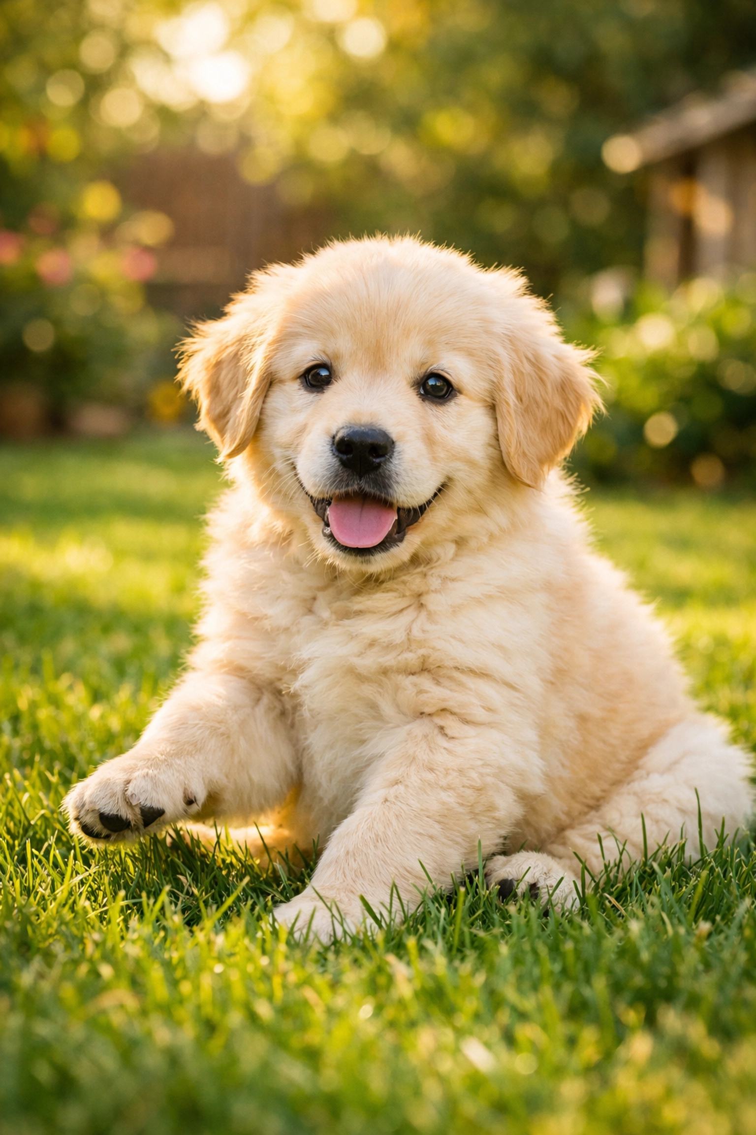 Healthy Golden Retriever puppy sitting on a sunny lawn during safe, low-impact exercise for joint health.