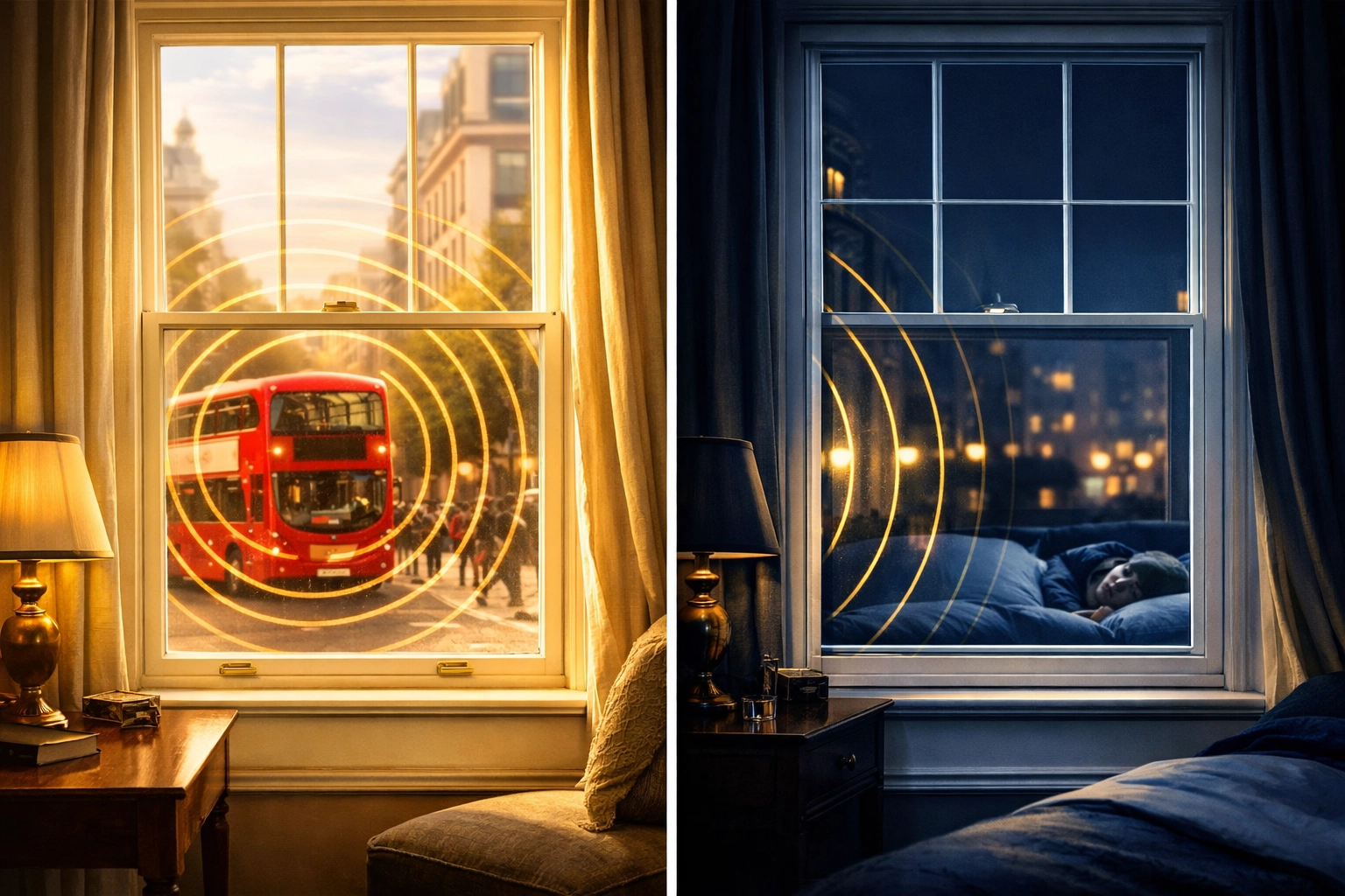 Secondary glazing blocking traffic noise through Georgian sash window for peaceful sleep