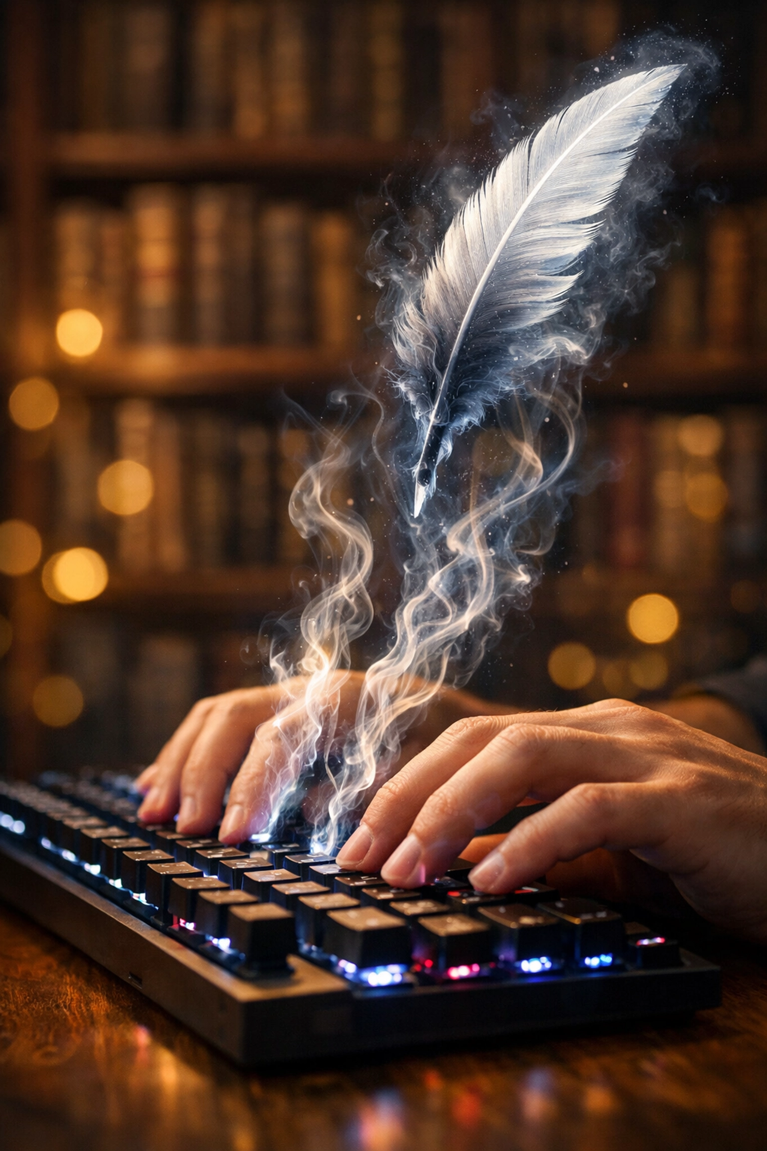 Human hands on a keyboard with a glowing quill silhouette representing AI-assisted book writing.