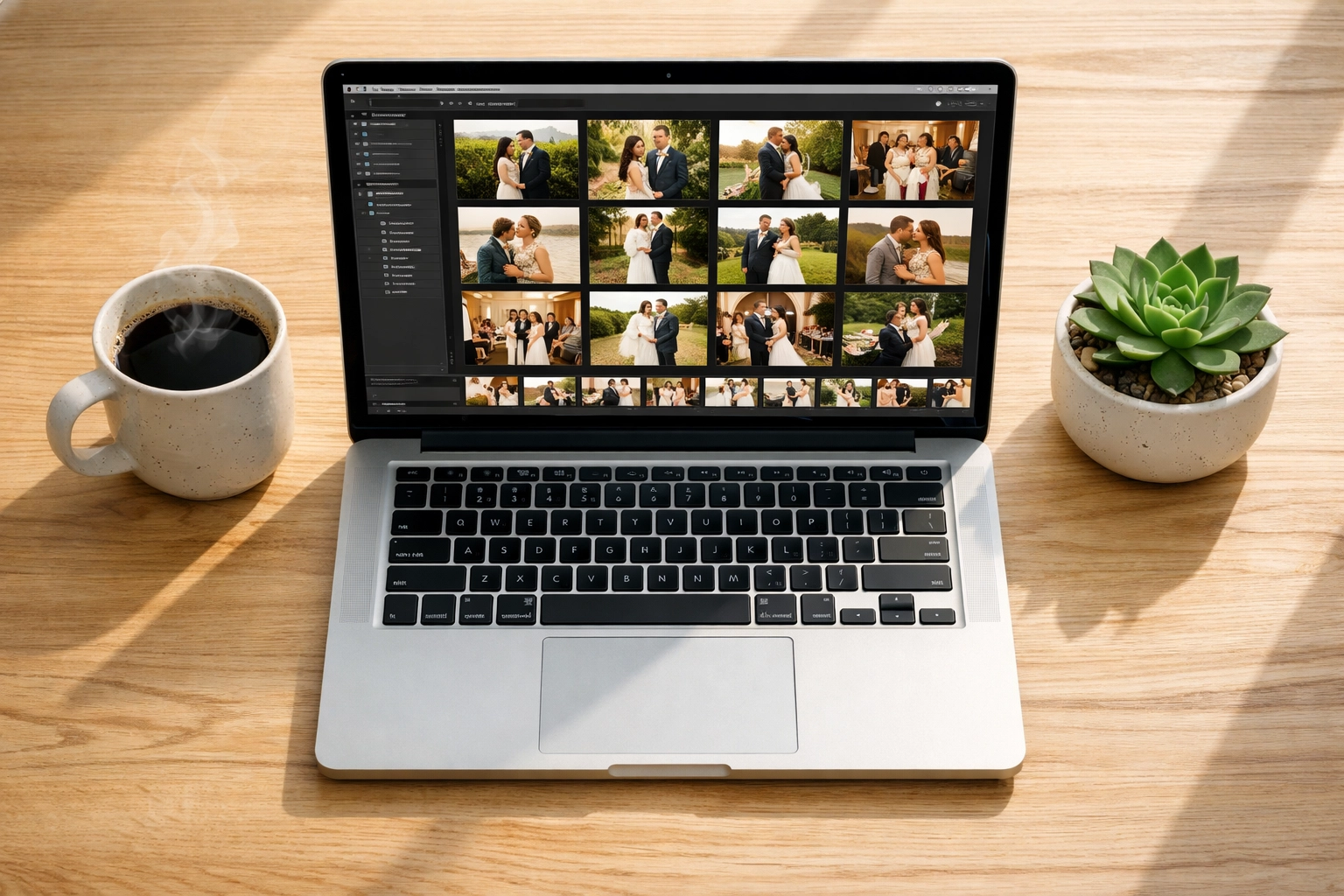 A wedding photography gallery being processed on a laptop, illustrating high-quality image compression for photo spots.