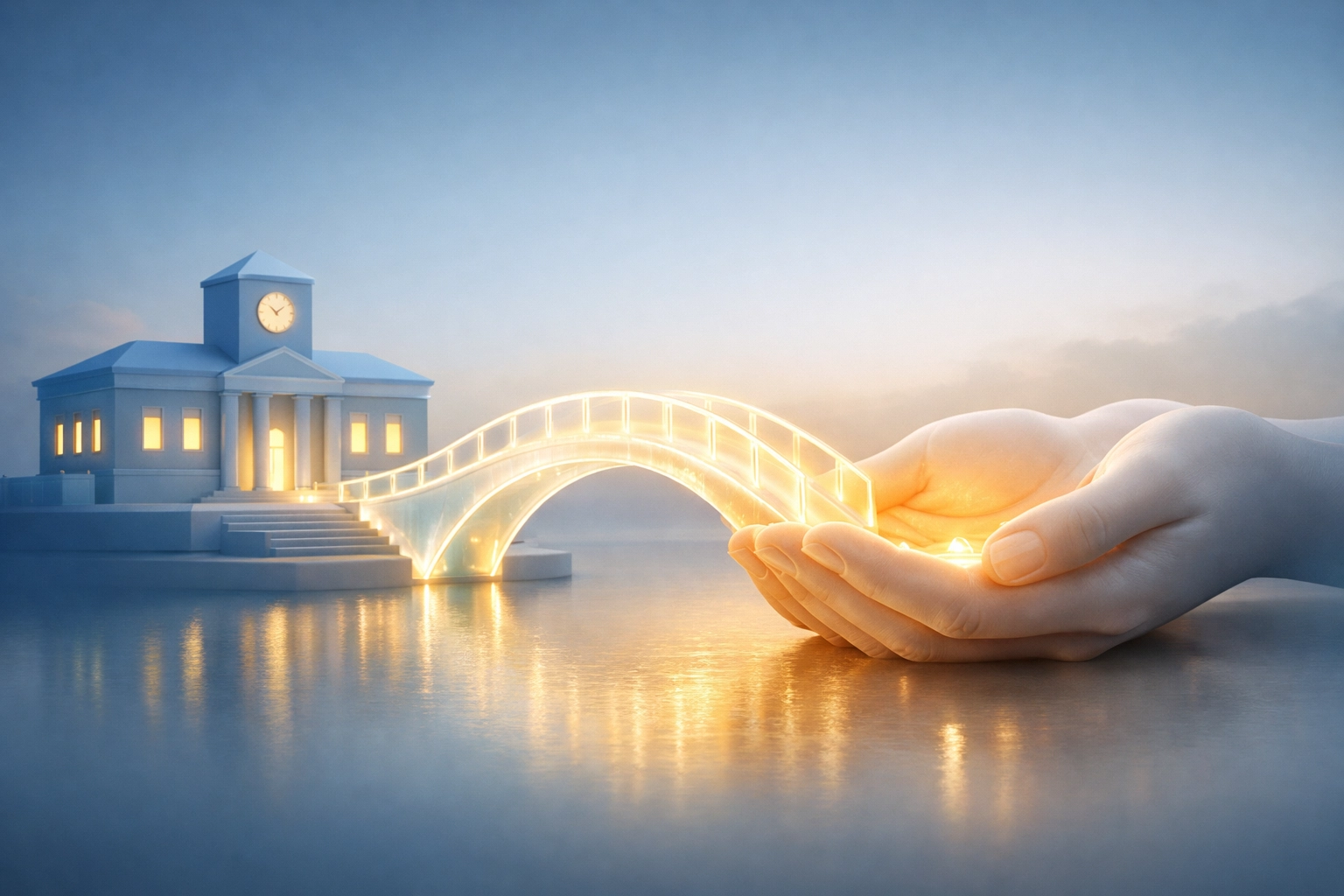 A glowing bridge connecting institutional support with personal, caring hands in pro-life ministry.