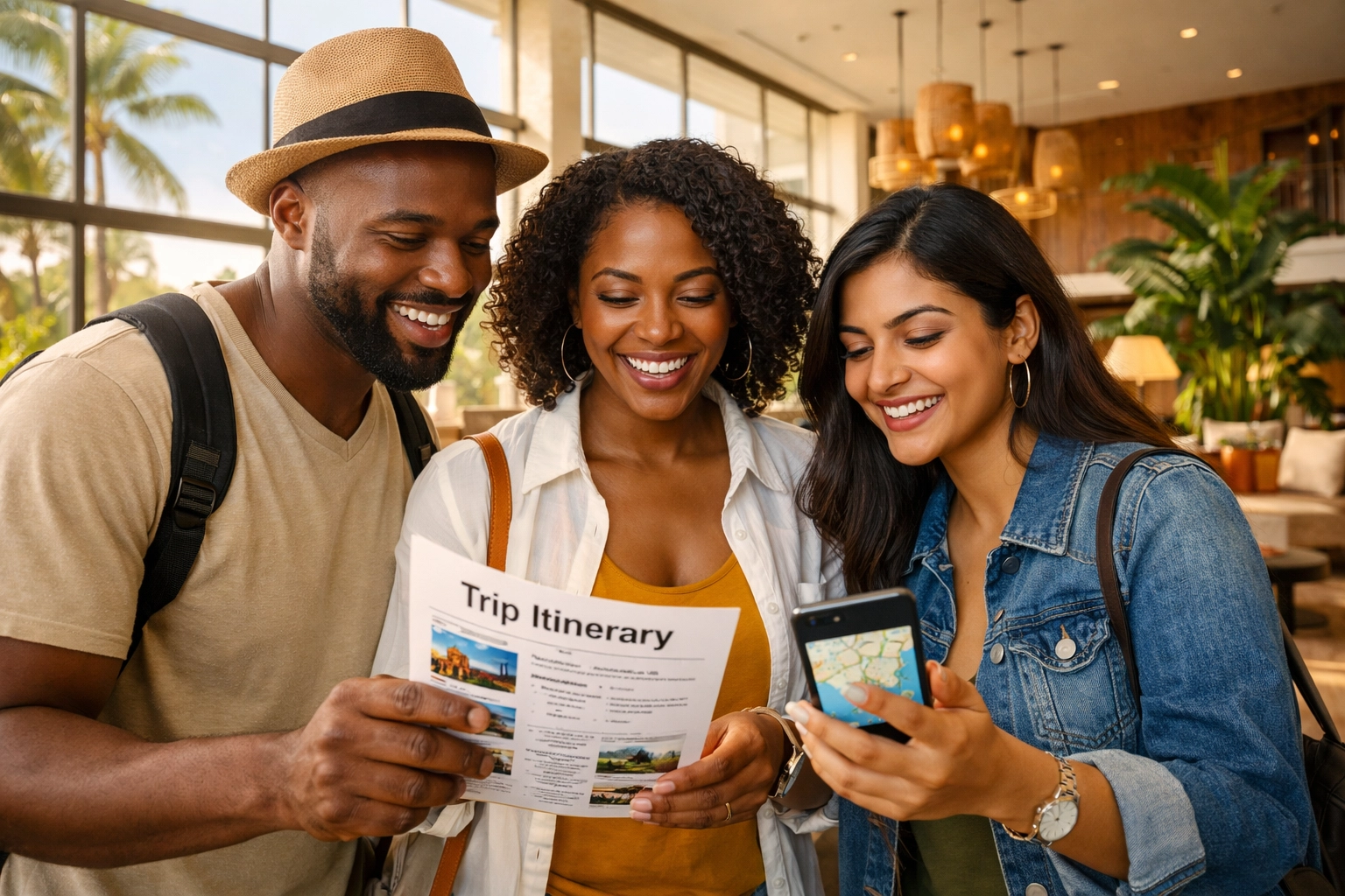 Diverse group of travelers in a hotel lobby reviewing a custom travel itinerary from a planning service.