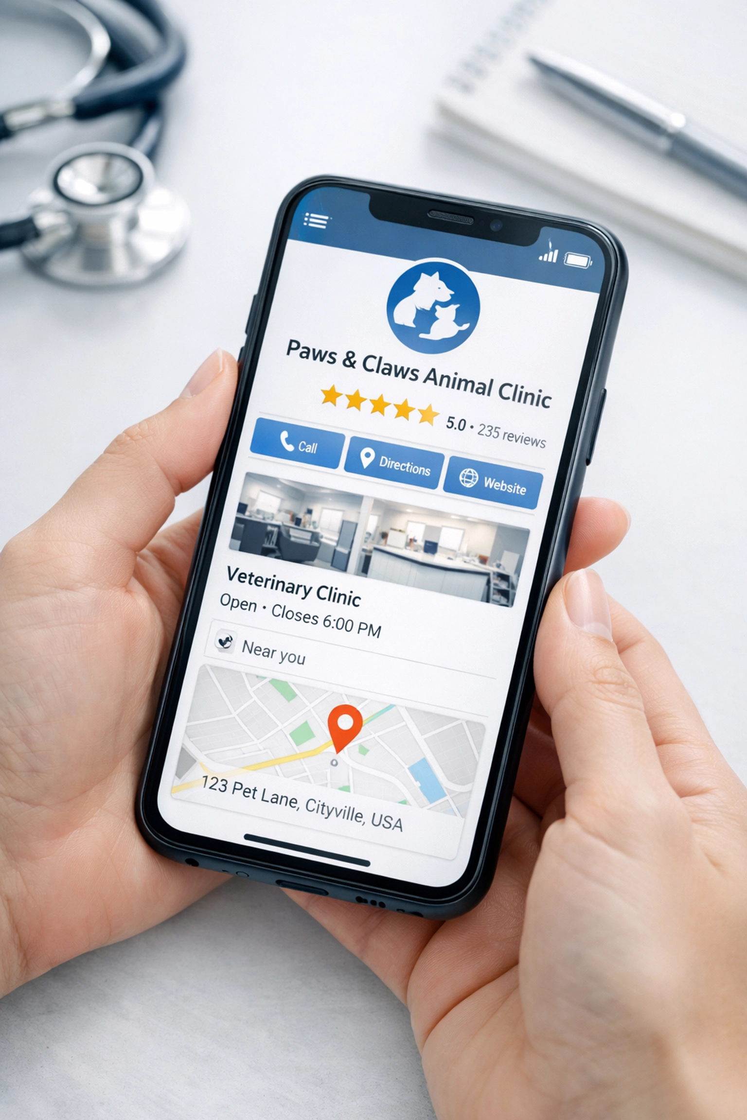 Veterinary clinic Google Business Profile with 5-star rating displayed on smartphone