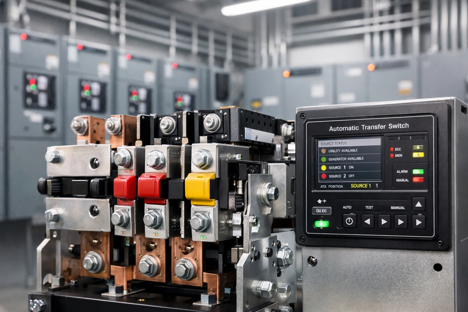 Industrial automatic transfer switch and electrical distribution panels for an emergency power system installation.