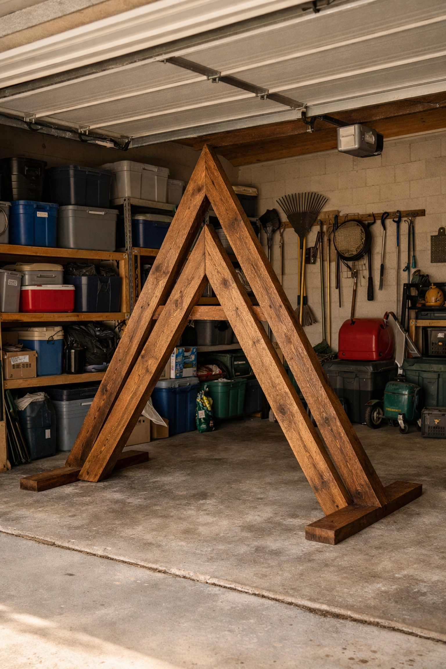 Storing a bulky wedding triangle arch in a Northeast Indiana garage after the ceremony.