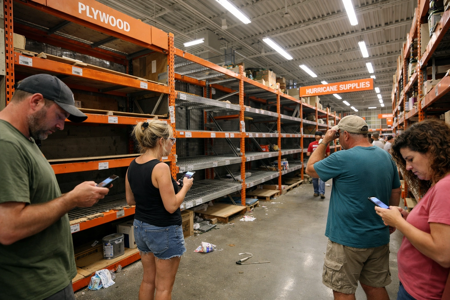 Empty store shelves showing hurricane supply shortage during peak season rush in Florida