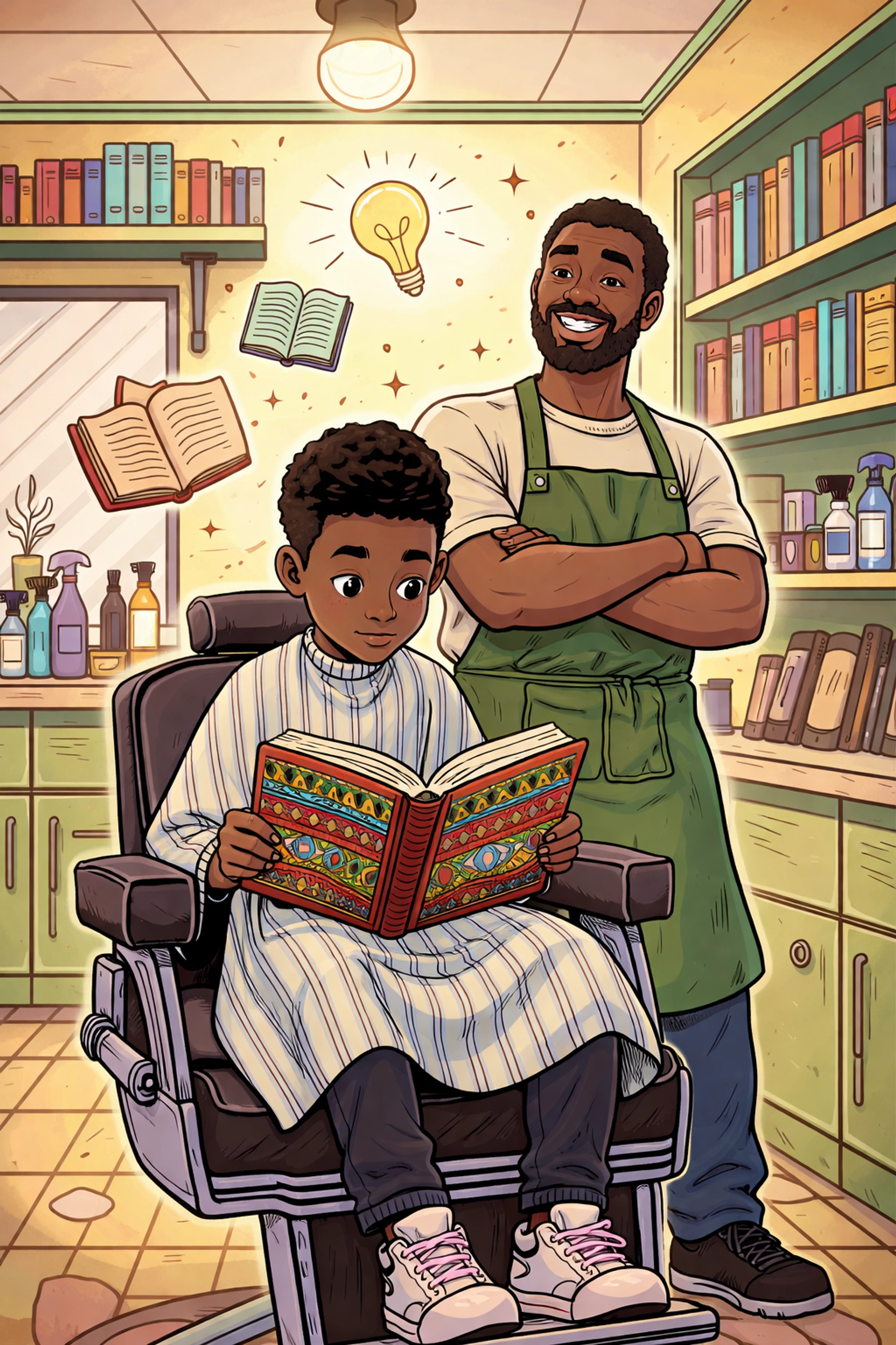 Comic-style scene of a Black boy reading a book in a welcoming barbershop as a proud barber looks on, promoting youth literacy.