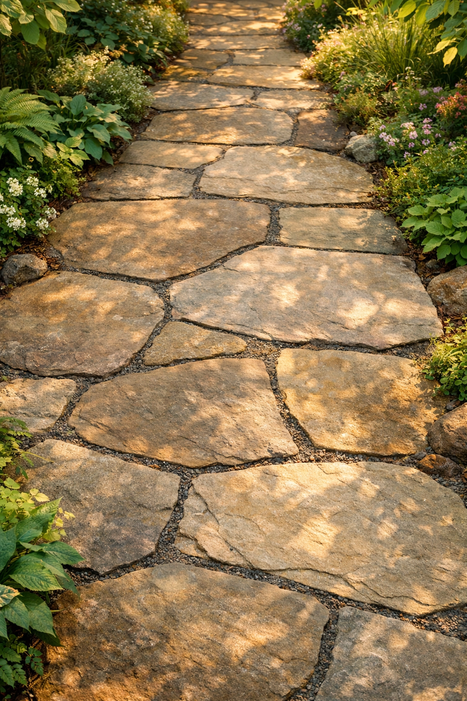 Level flagstone garden path with clean gravel joints to prevent trips and falls.